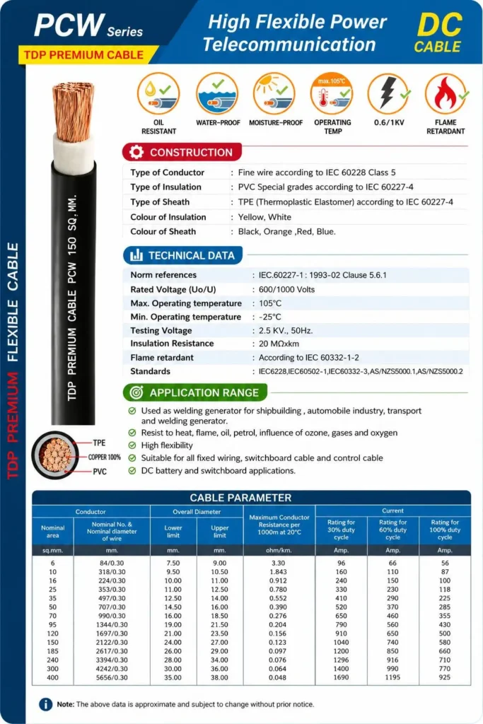 สายไฟแบตเตอรี่ TDP PREMIUM CABLE ขนาด 50 SQ.MM
707/0.3 (RoHs)